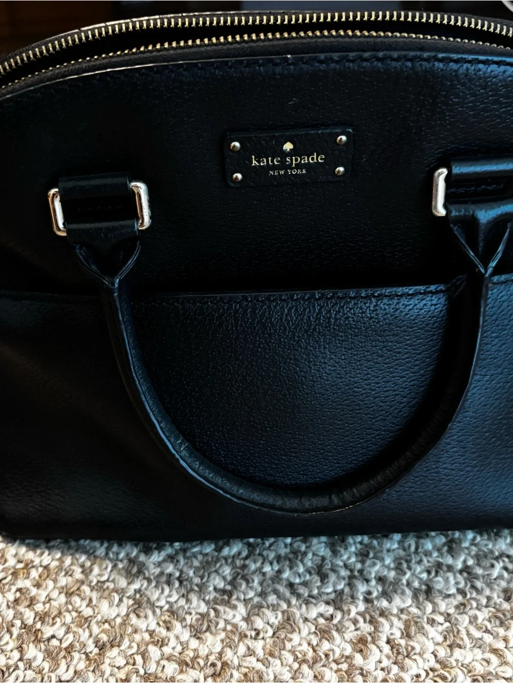 kate spade black leather satchel with gold logo hardware